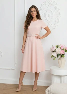Rochie midi roz din vascoza cu curea in talie