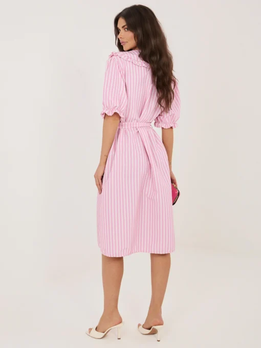 rochie-midi-roz-cu-dungi-si-guler-volanat