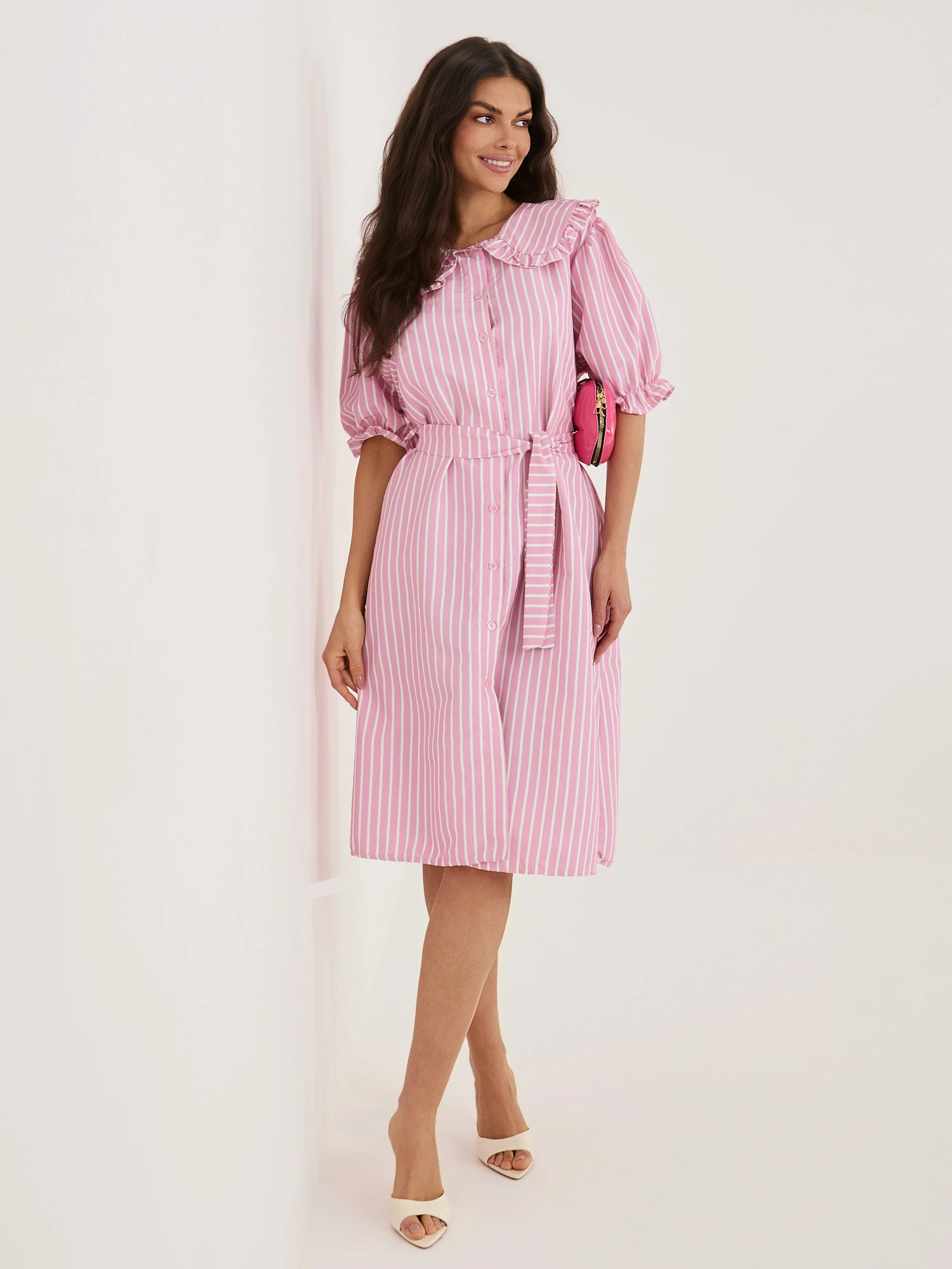 Rochie midi roz cu dungi si gule... - imagine 3
