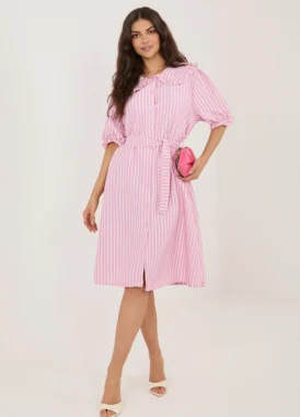 Rochie midi roz cu dungi si guler volanat
