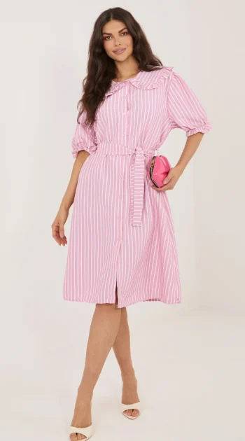 rochie-midi-roz-cu-dungi-si-guler-volanat