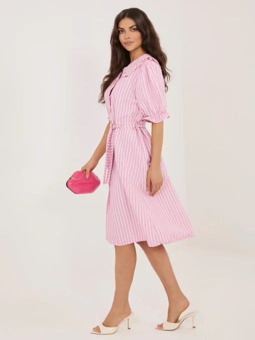 rochie-midi-roz-cu-dungi-si-guler-volanat