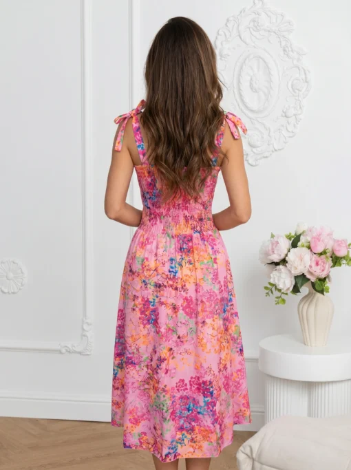 rochie-midi-roz-cu-imprimeu-floral-multicolor-si-bretele-cu-funda