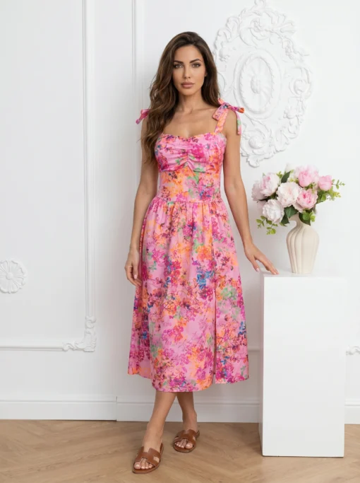 rochie-midi-roz-cu-imprimeu-floral-multicolor-si-bretele-cu-funda