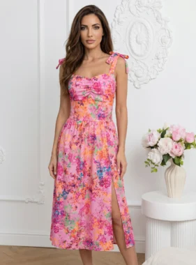Rochie midi roz cu imprimeu floral multicolor si bretele cu funda