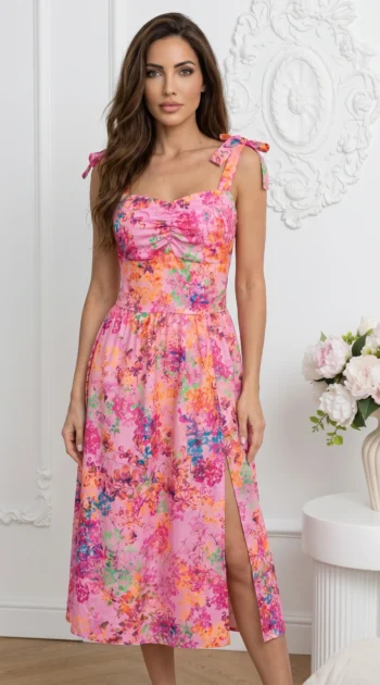rochie-midi-roz-cu-imprimeu-floral-multicolor-si-bretele-cu-funda