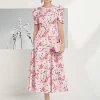 rochie-midi-roz-cu-imprimeu-floral-si-maneci-bufante