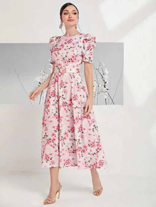 rochie-midi-roz-cu-imprimeu-floral-si-maneci-bufante