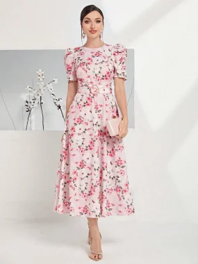 Rochie midi roz cu imprimeu floral și mâneci bufante