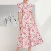 rochie-midi-roz-cu-imprimeu-floral-si-maneci-bufante