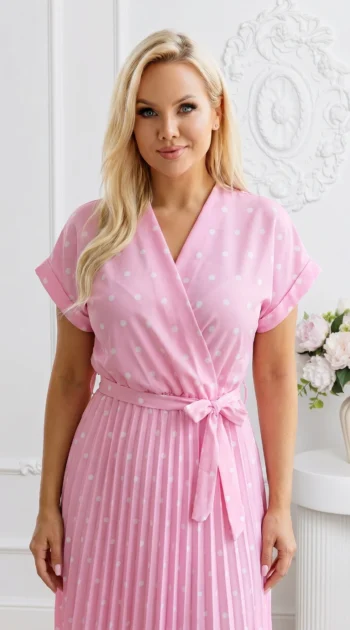 rochie-midi-roz-plisata-cu-buline-albe-si-decolteu-petrecut
