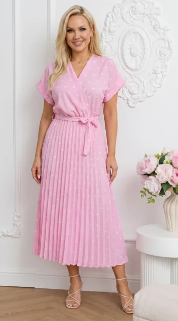 rochie-midi-roz-plisata-cu-buline-albe-si-decolteu-petrecut