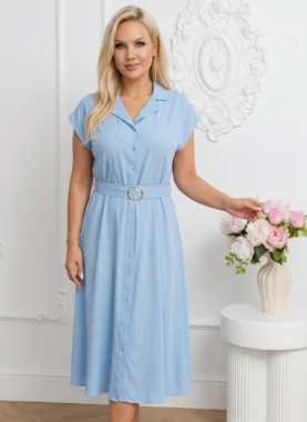 Rochie midi tip camasa bleu cu guler rever si cordon cu catarama