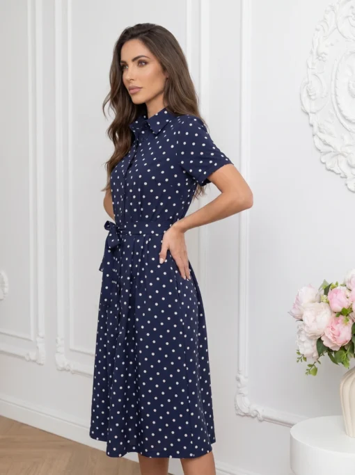 rochie-midi-tip-camasa-bleumarin-cu-buline-albe-din-bumbac