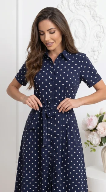 rochie-midi-tip-camasa-bleumarin-cu-buline-albe-din-bumbac