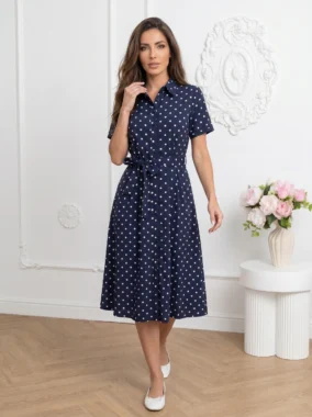 Rochie midi tip camasa bleumarin cu buline albe din bumbac