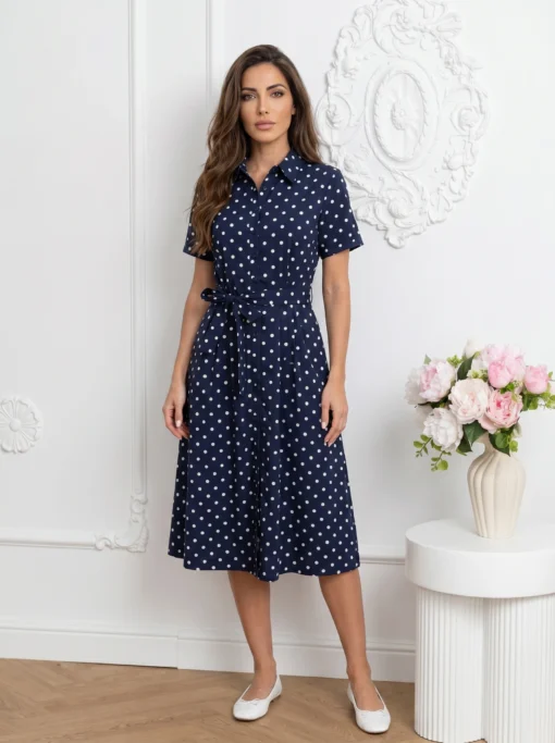 rochie-midi-tip-camasa-bleumarin-cu-buline-albe-din-bumbac