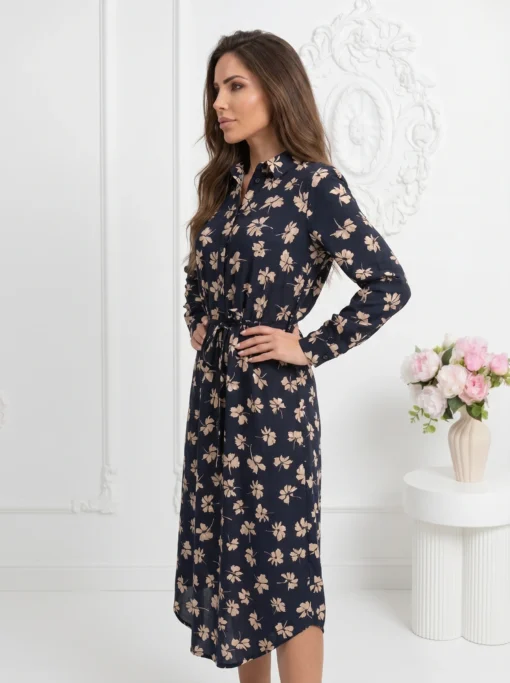 rochie-midi-tip-camasa-cu-imprimeu-floral-bej-pe-fond-bleumarin