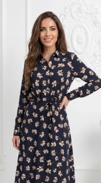 rochie-midi-tip-camasa-cu-imprimeu-floral-bej-pe-fond-bleumarin