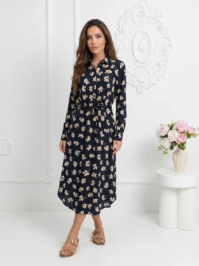 Rochie midi tip camasa cu imprimeu floral bej