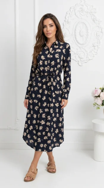 rochie-midi-tip-camasa-cu-imprimeu-floral-bej-pe-fond-bleumarin