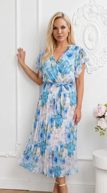 rochie-midi-vaporoasa-albastra-cu-imprimeu-floral-si-cu-decolteu-petrecut