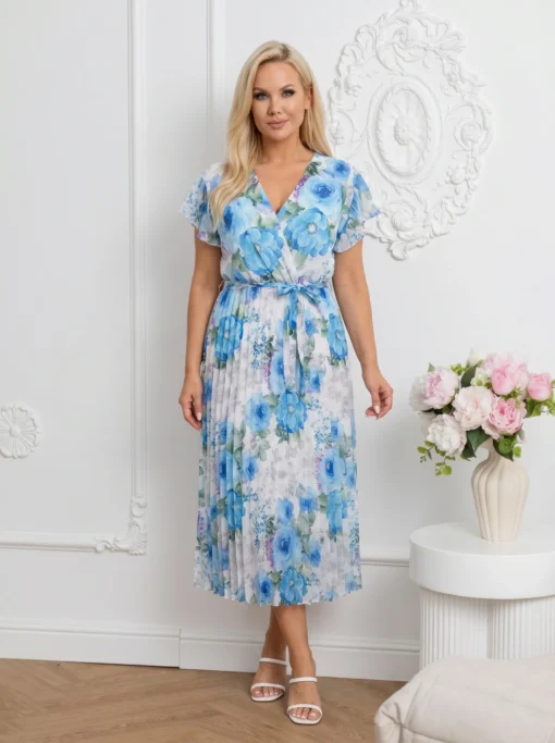 rochie-midi-vaporoasa-albastra-cu-imprimeu-floral-si-cu-decolteu-petrecut