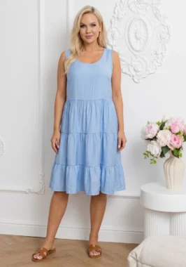 Rochie midi vaporoasa bleu de vara cu volane
