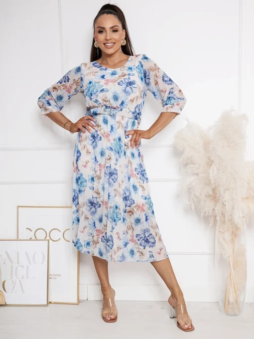 rochie-midi-vaporoasa-cu-imprimeu-floral-albastru-si-bej