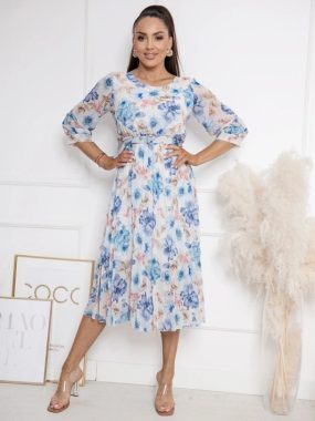 Rochie midi vaporoasa cu imprimeu floral albastru si bej