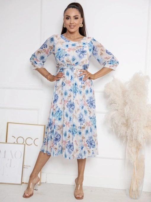 rochie-midi-vaporoasa-cu-imprimeu-floral-albastru-si-bej