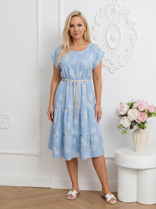 rochie-midi-vaporoasa-cu-imprimeu-frunze-volane-si-cordon-impletit
