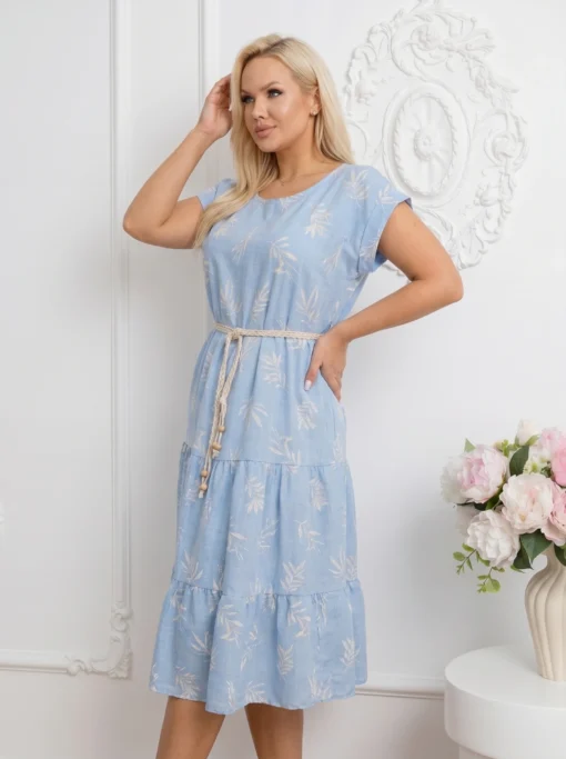 rochie-midi-vaporoasa-cu-imprimeu-frunze-volane-si-cordon-impletit