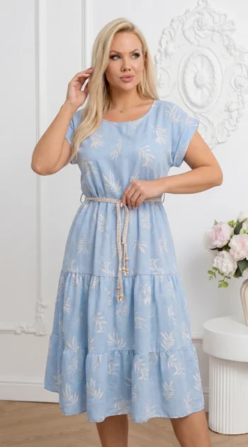 rochie-midi-vaporoasa-cu-imprimeu-frunze-volane-si-cordon-impletit