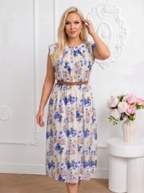 Rochie midi vaporoasa din vascoza cu imprimeu floral si curea