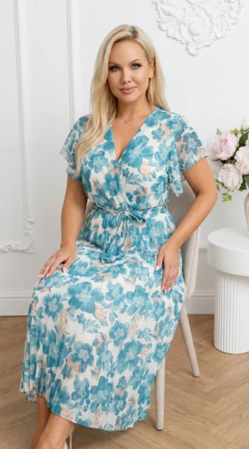 rochie-midi-vaporoasa-turcoaz-cu-imprimeu-floral-si-cu-decolteu-petrecut