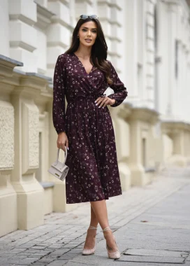 Rochie midi visinie eleganta cu imprimeu floral si decolteu petrecut
