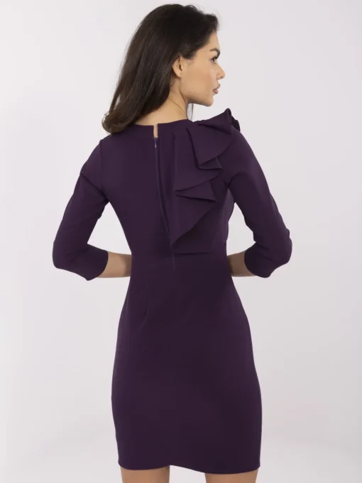 rochie-mov-inchis-eleganta-cu-volan-decorativ-si-maneca-trei-sferturi