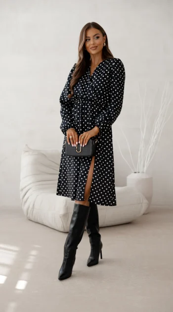 rochie-neagra-cu-buline-albe-decolteu-petrecut-si-crapatura-laterala