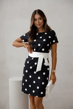 Rochie neagra cu buline albe si cordon in talie
