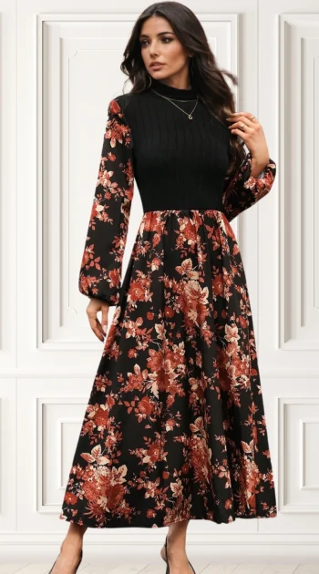 rochie-neagra-cu-fusta-si-maneci-cu-imprimeu-floral