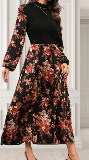 rochie-neagra-cu-fusta-si-maneci-cu-imprimeu-floral