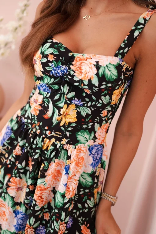 rochie-neagra-cu-imprimeu-floral-multicolor-si-bretele