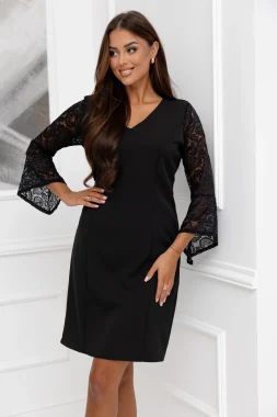 Rochie neagra eleganta cu maneci din dantela si decolteu in V