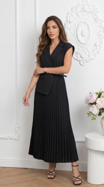 rochie-neagra-eleganta-tip-sacou-cu-fusta-plisata-si-curea