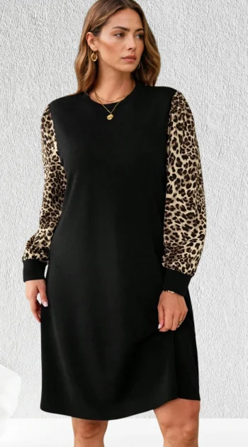 rochie-neagra-lejera-cu-maneci-animal-print