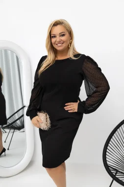 Rochie neagra marime mare eleganta cu maneci din voal cu buline