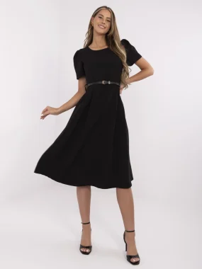 Rochie neagra midi cu maneci scurte si curea in talie