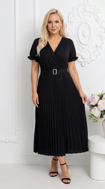 rochie-neagra-plisata-midi-cu-curea-in-talie-si-decolteu-in-v