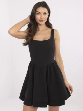 Rochie neagra scurta cu bretele si fusta in clos